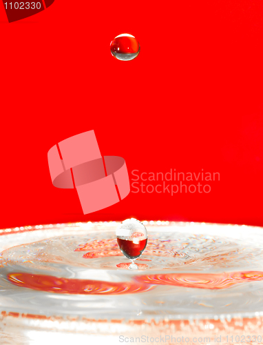 Image of Falling droplets of water over red