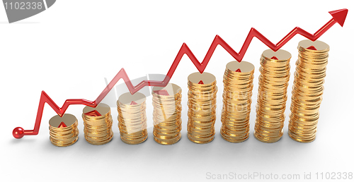 Image of Progress: red graph over golden coins stacks