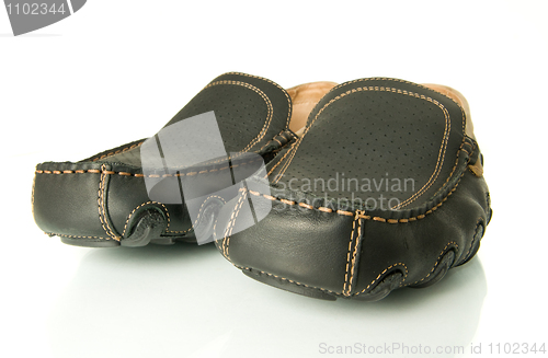 Image of Closeup of black mens shoes moccasins