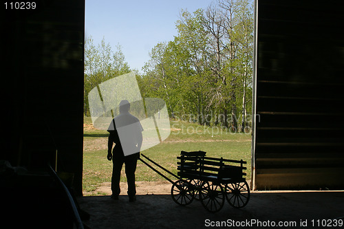 Image of man and small wagon in silhouette