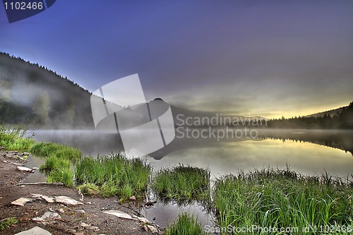 Image of Foggy Sunrise at Trillium Lake with Mount Hood