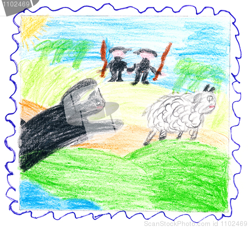 Image of Child's drawing - beast catches sheep. Hunters rush to help.