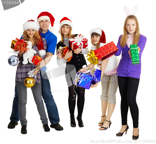 Image of Group of young people with New Year's gifts