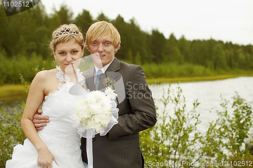 Image of Portrait of newlyweds - outdoor