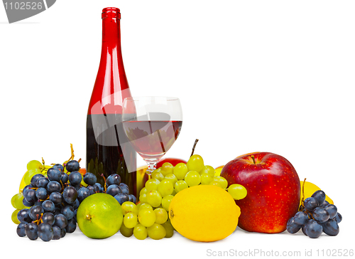 Image of Still life - bottle of red wine and fruits on white background