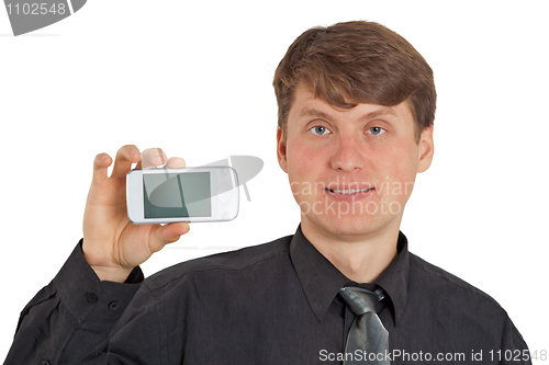 Image of A guy shows new mobile phone