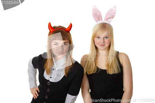 Image of Two friends in festive costume devil and bunny