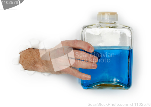 Image of Hand holds bottle of flammable blue liquid 