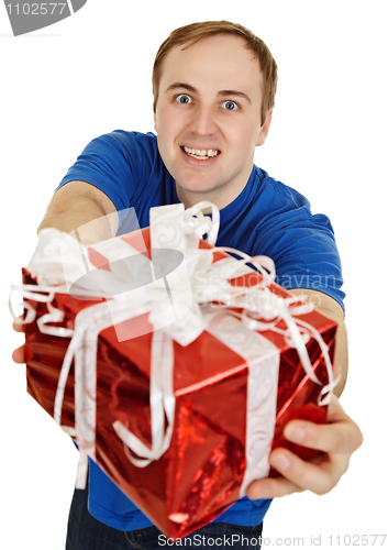 Image of Funny man happily gives us a gift