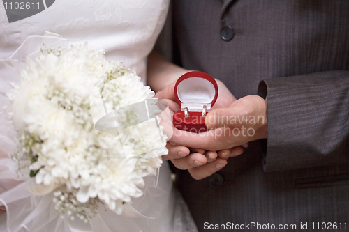 Image of Wedding rings in hands of newlyweds