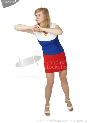 Image of Woman strikes elbow on white background