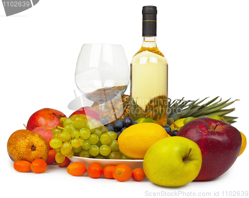 Image of Still-life from wine and fruits on white background