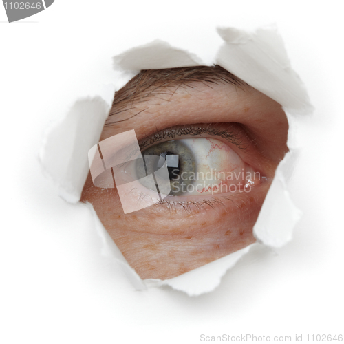 Image of Eye of person in hole close up