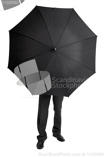 Image of Man hid behind large black umbrella