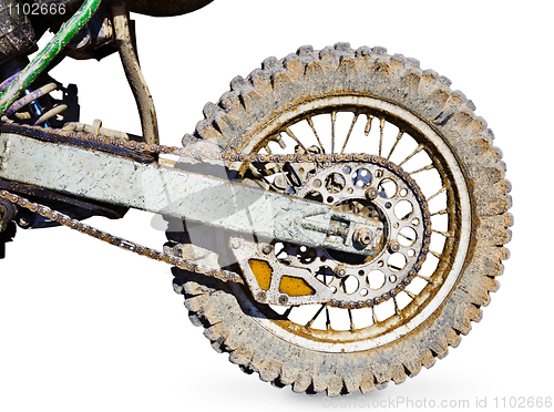 Image of Rear wheel motorcycle for trial covered with mud