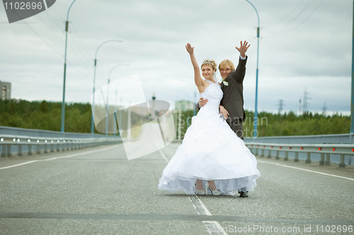 Image of Newly married have fun on highway
