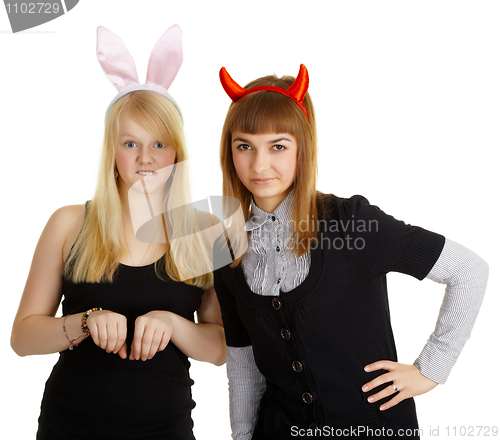 Image of Two girlfriends in fancy dresses