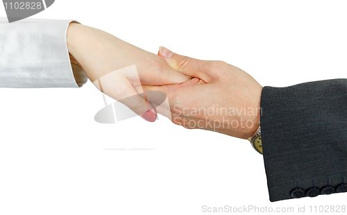 Image of Women's hand in man's hand on white