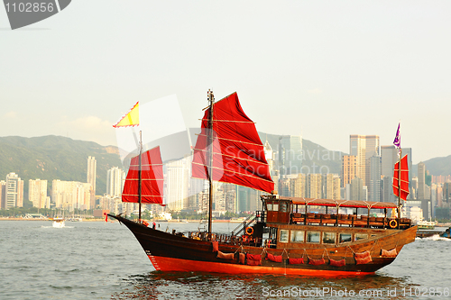 Image of Hong Kong harbor with red sail boat
