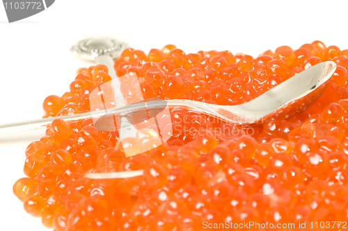 Image of Expensive Red caviar and silver spoons