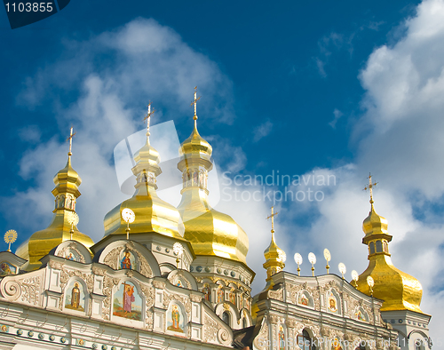 Image of Orthodox church and blue sky with clouds