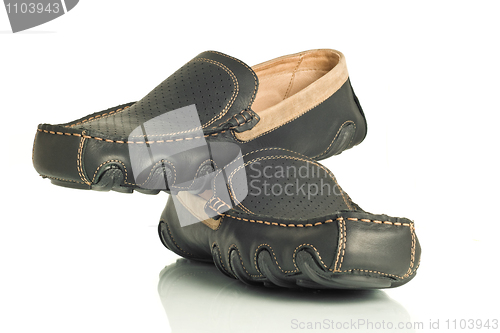 Image of Pair of modern black mens shoes moccasins 