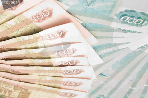 Image of Closeup of 100 and 1000 roubles banknotes
