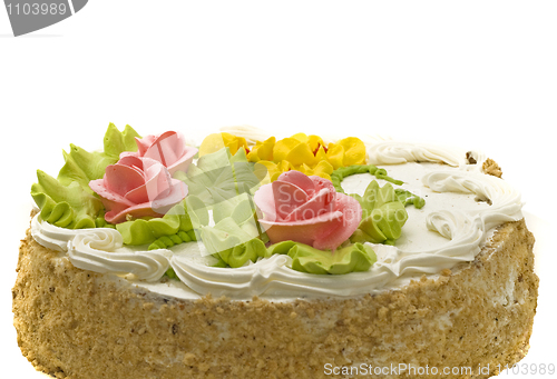 Image of Tasty cake with cream, pink roses