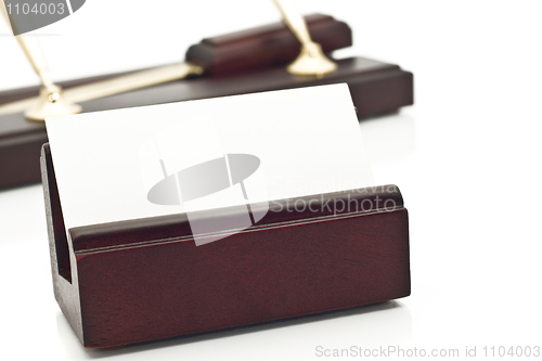 Image of Card holder, blank white business card and two pens