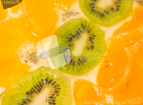 Image of Fruit background. Sliced kiwi, orange, mandarin