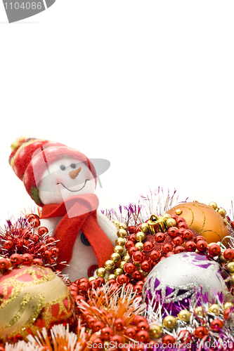 Image of Christmas comes. Cute snowman and decoration balls