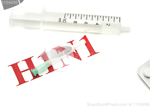 Image of Swine FLU H1N1 -  red alert, pills and syringe 