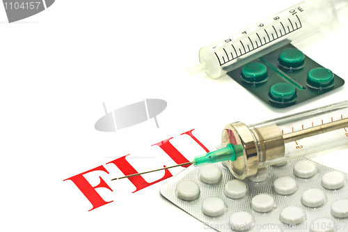 Image of Swine FLU H1N1 affection -  old-fashioned syringes and pills