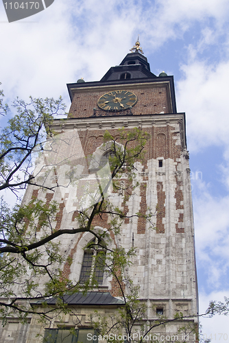 Image of Town hall with clock in summer Krakow