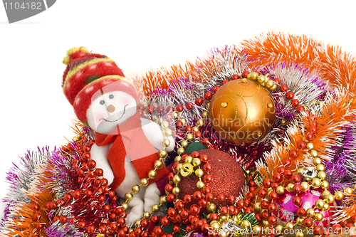 Image of Christmas greetings - Funny snowman and decoration tinsel 