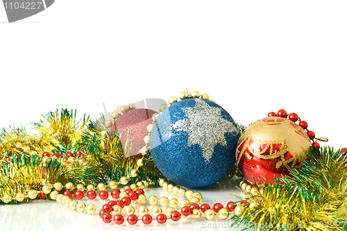 Image of Christmas is coming. Decoration - colorful tinsel and balls