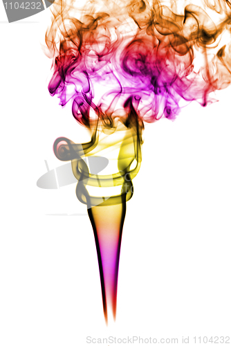 Image of Puff of colored abstract smoke curves over white 