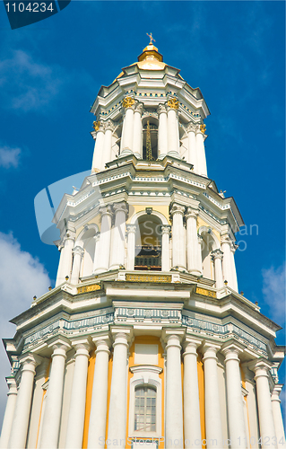 Image of Kiev-Pecherskaya Laura. Bell tower over blue sky