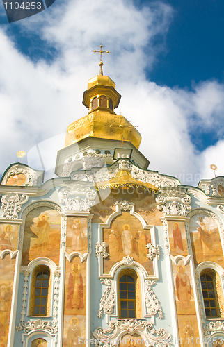 Image of Kiev-Pecherskaya Laura. Orthodox church and blue sky 