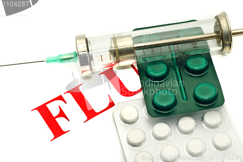 Image of Disease alert - pills and syringe over white 