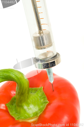 Image of GMO - pepper with sticked aged syringe 