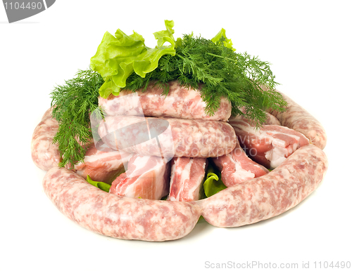 Image of Tasty meat. Pieces of Pork and Sausages