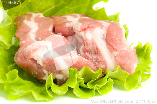 Image of Pork meat on green salad. Isolated