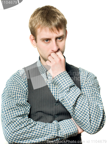 Image of Pensive businessman on white