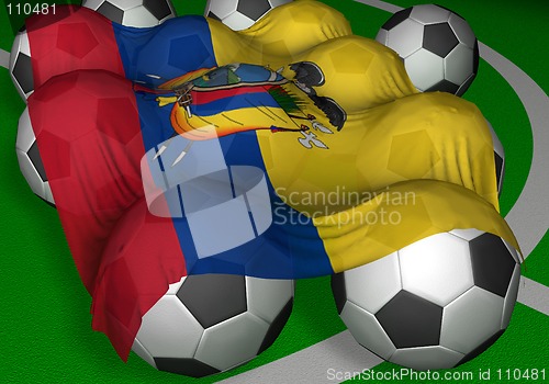 Image of 3D-rendering Ecuador flag and soccer-balls