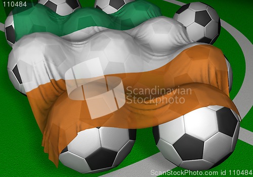 Image of 3D-rendering Ivory Coast flag and soccer-balls