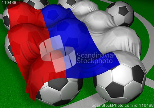 Image of 3D-rendering Russia flag and soccer-balls