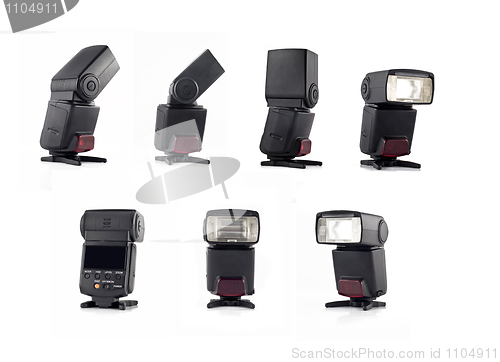 Image of Collage of Professional flash on stand for digital camera views