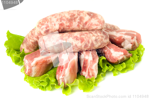 Image of Five Pieces of Pork meat and Sausages