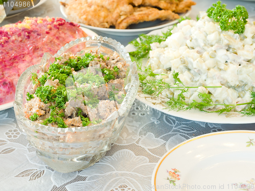 Image of Tasty liver salad on Banquet table